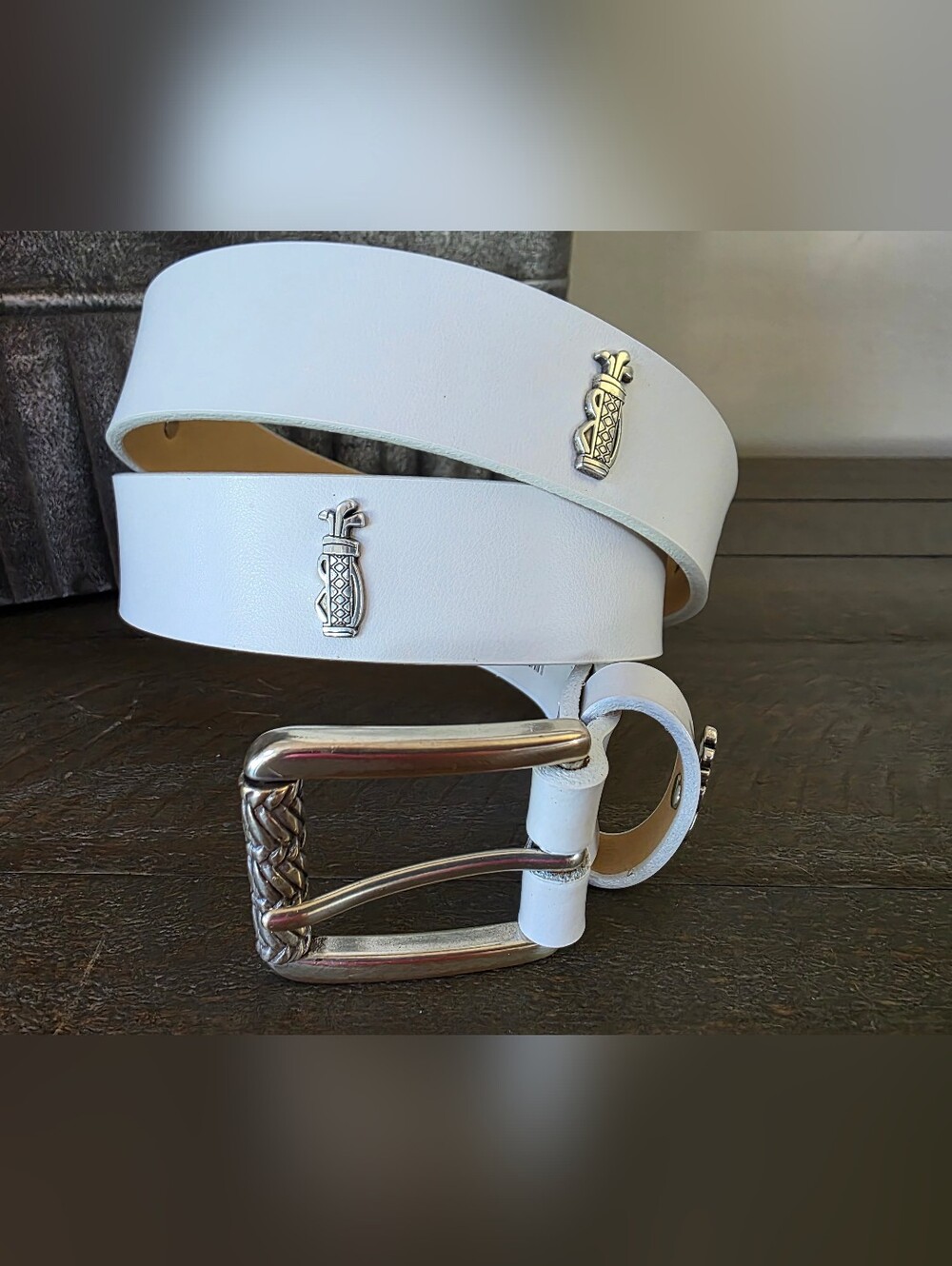 Glenayr Golf White Leather Golf Belt Bag Conchos Made In Canada Size M New - Picture 2 of 14